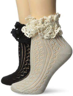 K. Bell K-Bell Women's Pointelle Anklet Sock with Contast Natural Lace Trim 2-Pack