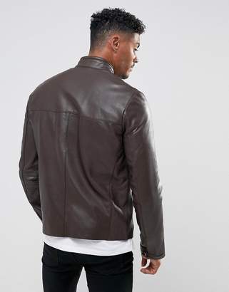 ASOS Design DESIGN leather biker jacket in brown
