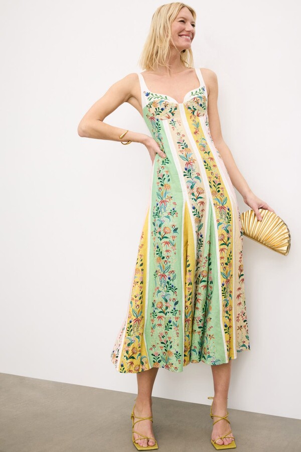 Farm Rio Delicate Floral Stripes Midi Dress Multicolored-green-print