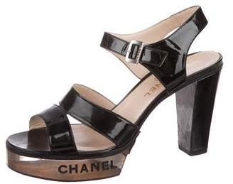 Chanel Logo Patent Leather Platform Sandals