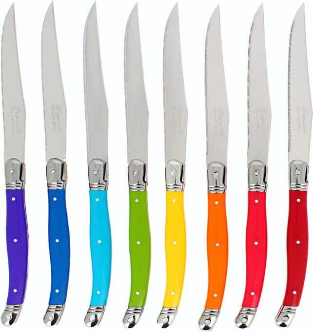 French Home Laguiole 4.5 in. Stainless Steel Full Tang Serrated 8-Piece Steak Knife Set, Rainbow Colors