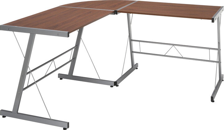 OFM Essentials Collection 60" Metal Frame L-Shaped Desk, Corner Computer Desk, in Walnut (ESS-1021-SLV-WNT)