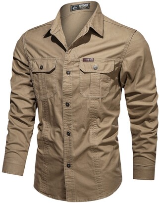 Rideneey Clothing Military Shirt Men Plus Size Summer Cotton Long-Sleeved Mens  Shirts Khaki M - ShopStyle