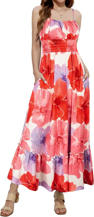 Womens Summer Sleeveless Deep V Neck Dress Ruffles Long Maxi Casual Dresses  for Women with Pockets