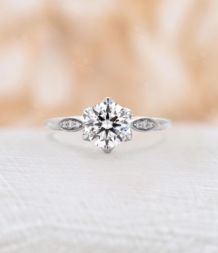 Etsy Vintage Round Natural Diamond Engagement Ring, 14K Gold Classic Wedding Custom Bridal Anniversary Promise Ring