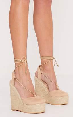PrettyLittleThing Aniesha Nude Faux Suede Tie Ankle Wedges