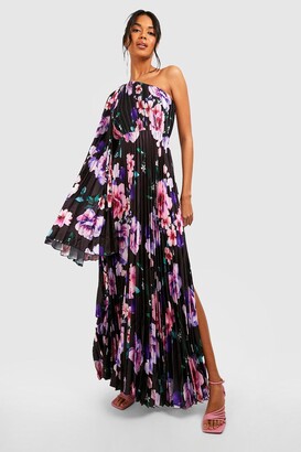 boohoo Pleated Floral Satin Asymmetric Maxi Dress