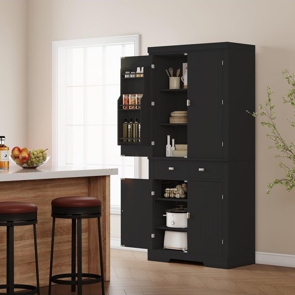 GaoMon 72InchTallKitchenPantryCabinetLargeCupboardStorageCabinetwithDrawer6DoorRacksAdjustableShelvesforLivingDiningRoomLaundry.Black