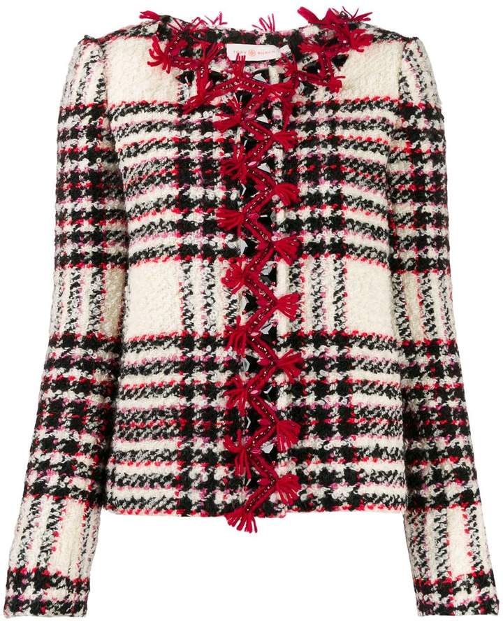 Tory Burch embroidered crystal buttons tweed jacket - ShopStyle