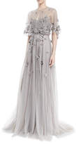 Thumbnail for your product : Marchesa Notte Floral Beaded Tulle Gown w/ Sheer Capelet