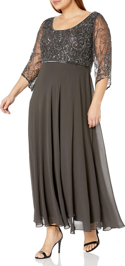 Neck Beaded Top Long Gown Special Occasion Dress J Kara Womens Plus Size 3/4 Sleeve V
