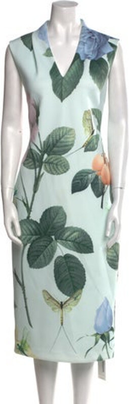 Ted Baker Shift Dress Blue Floral Print Pleated Accents Sleeveless with V-Neck Exposed Zip Closure at Back Designer size 4. Designer