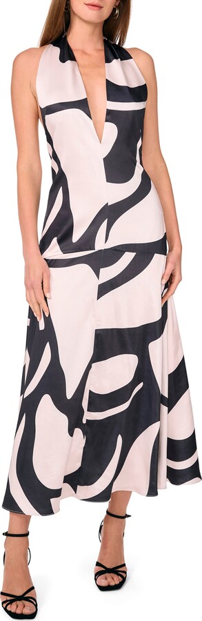 The Nia Abstract Print Halter Plunge Neck Dress