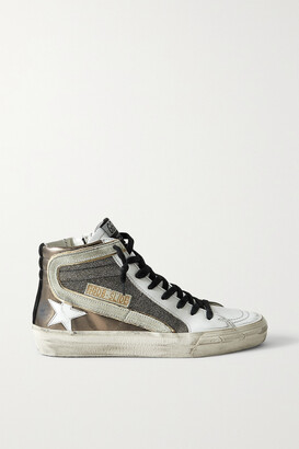 Golden Goose Slide Distressed Suede-trimmed Leather And Lurex High-top Sneakers - Metallic