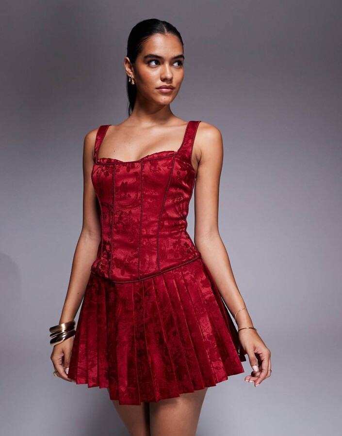 Murci satin jacquard structured corset square neck pleated mini dress in red