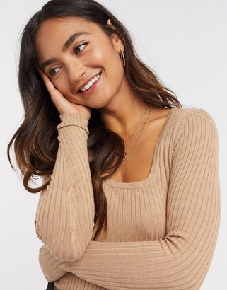 Brave Soul square neck knitted top in biscuit