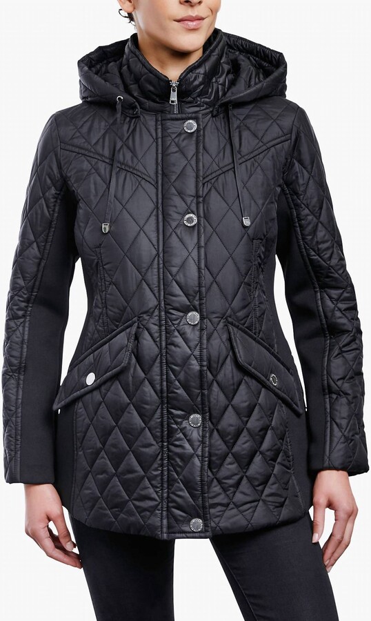 London Fog Zip Front Hooded Quilted Jacket In Black