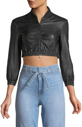 Emporio Armani Zip-Front Cropped Ruched-Waist Leather Jacket