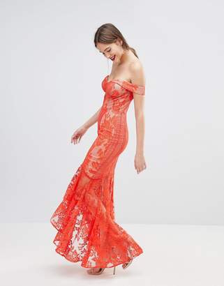Jarlo Tall All Over Lace Off Shoulder Fishtail Maxi Dress