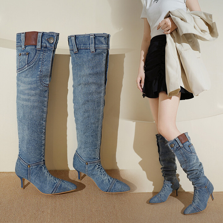YBQJOO New autumn denim Boots Outdoor non slip high heels Sharp pointed retro long boot Casual comfortable women & apos;s shoes Botas Zapatos