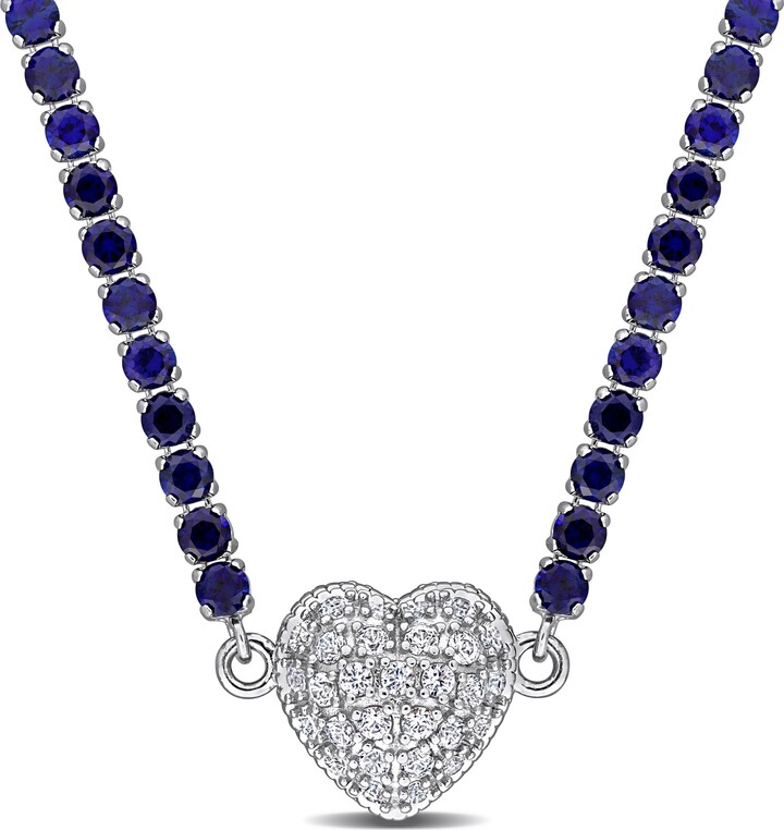 Mimi & Max 17 1/2ct TGW Created Blue Created White Sapphire Heart Necklace Sterling Silver-17 in