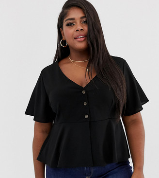 Brave Soul Plus tea blouse with button front in black