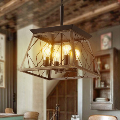 Williston Forge Black Industrial 4-Light Pendant Chandelier, Modern Metal Cage Design, Adjustable Hanging Light For Dining Room, Kitchen, Living Room