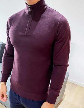 French Connection soft touch half zip knit jumper in burgundy