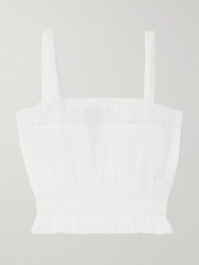 Faithfull - Camille Cropped Lace-trimmed Shirred Cotton-poplin Top - Ivory