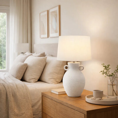 Benjara Omoi Table Lamp, 30 Inch, Ribbed Base W Handles, Polyester Shade