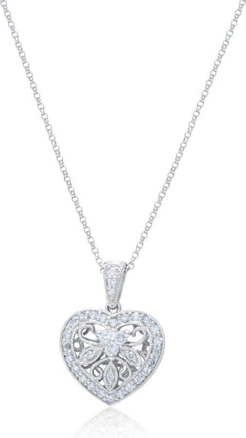 Diana M 14 Kt White Gold Diamond Pendant With A Filigree Heart Design Adorned With 0.60 Cts Tw Diamonds