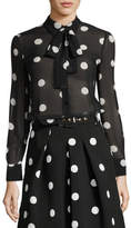 Thumbnail for your product : Moschino Boutique Long-Sleeve Tie-Neck Polka-Dot Silk Blouse