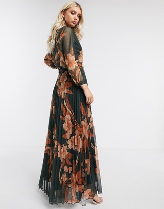 ASOS DESIGN blouson pleated maxi dress with self belt in floral print