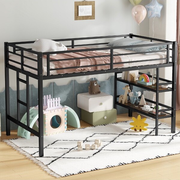 EPOCH VENTS TwinSizeMetalLoftBedwithStorageShelfEasyClimbingLadderandGuardrailsforKids