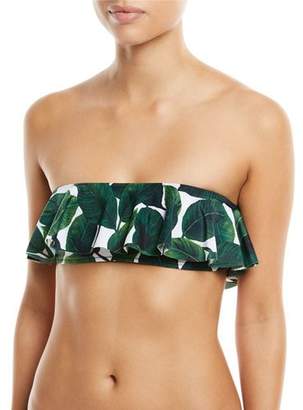 Milly Ruffle Bandeau Leaf-Print Swim Top