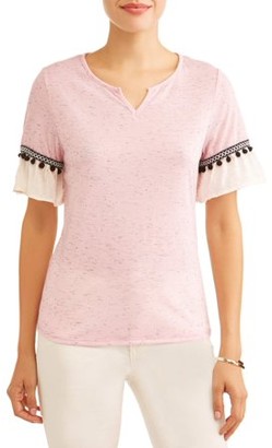 Tru Self Women's Ruffle Short Sleeve T-Shirt with Pom Pom Detail