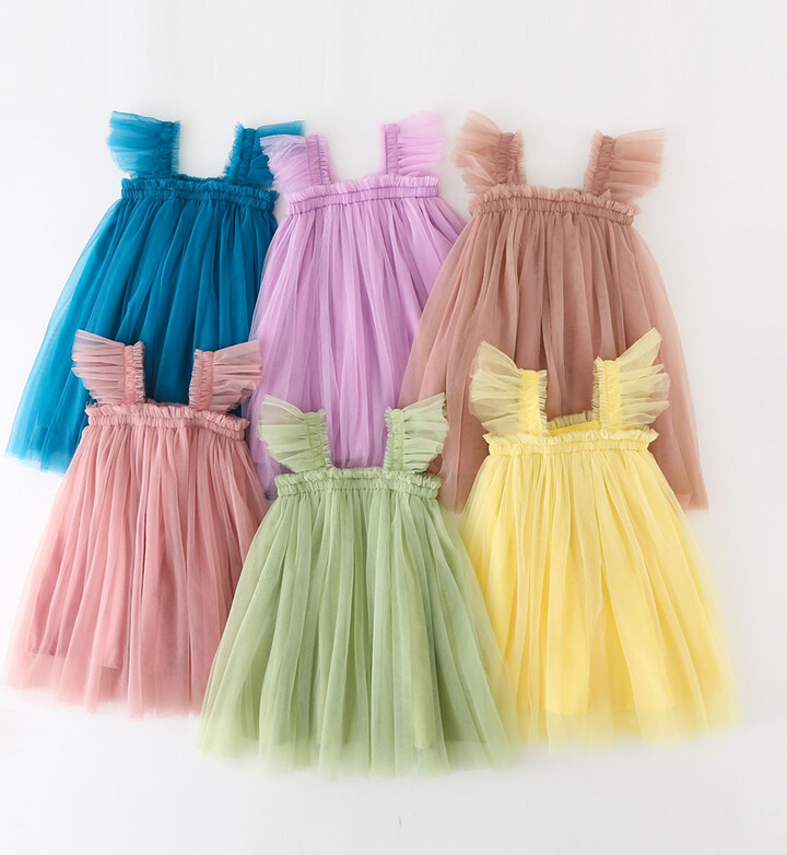 None 1-7Y Summer Solid Toddler Baby Girl Tulle Lace Dress Costume Fluffy Skirt Flare Sleeve Ball Gown Princess Girl Strap Dresses