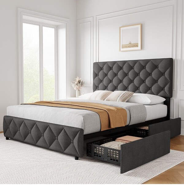 RONSHIN QueenSizeBedFramewith4StorageDrawers&AdjustableHeadboardLinenUpholsteredPlatformDiamondStitchedNoBoxSpringNeededBlue