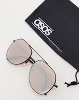 Thumbnail for your product : ASOS DESIGN matt black aviator sunglasses with rose gold lens