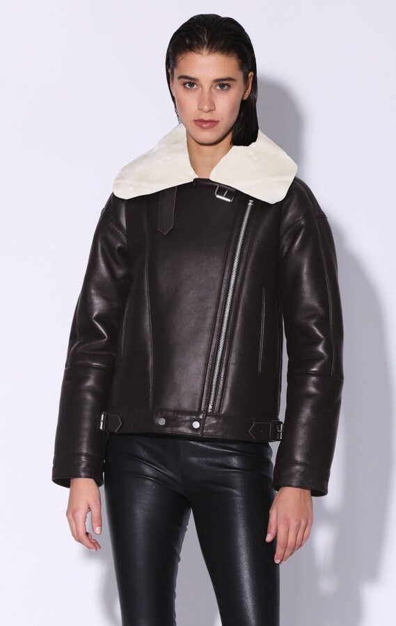 Topshop Tall faux leather shearling aviator biker jacket in chocolate