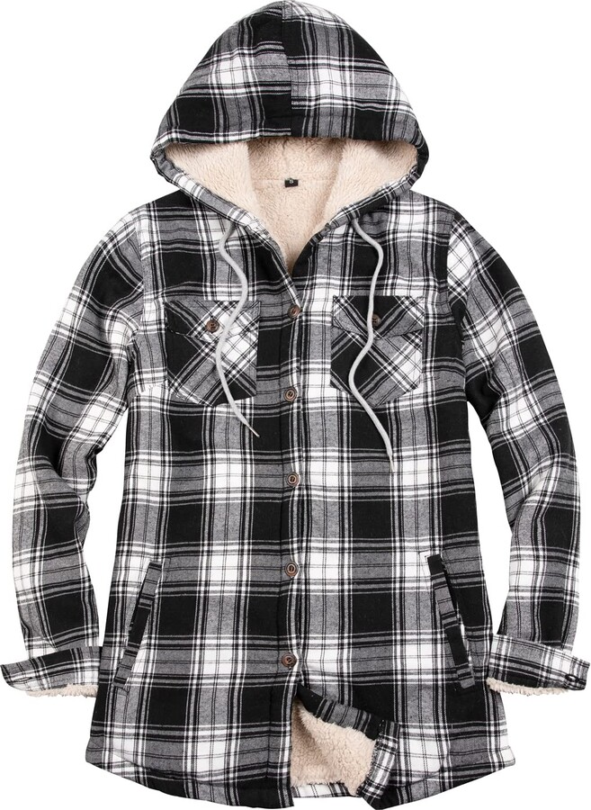 ZENTHACE Women's Sherpa Lined Plaid Flannel Jacket Button Down Hooded
