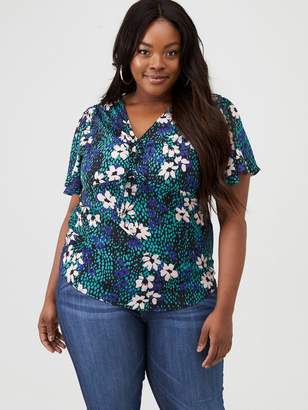V By Very Curve Rouche Detail Blouse - Teal Floral