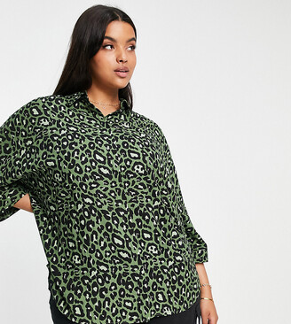 ASOS Curve ASOS DESIGN Curve oversized long sleeve shirt in green leopard  print - ShopStyle Tops