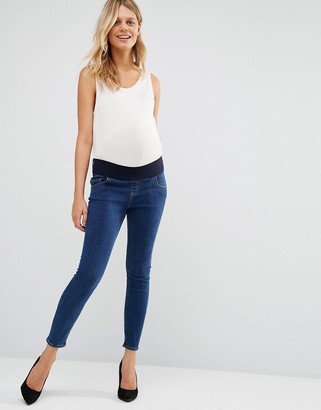 ASOS Maternity Ridley Skinny Jeans In Kelsey Flat Wash Blue With Under The Bump Waistband