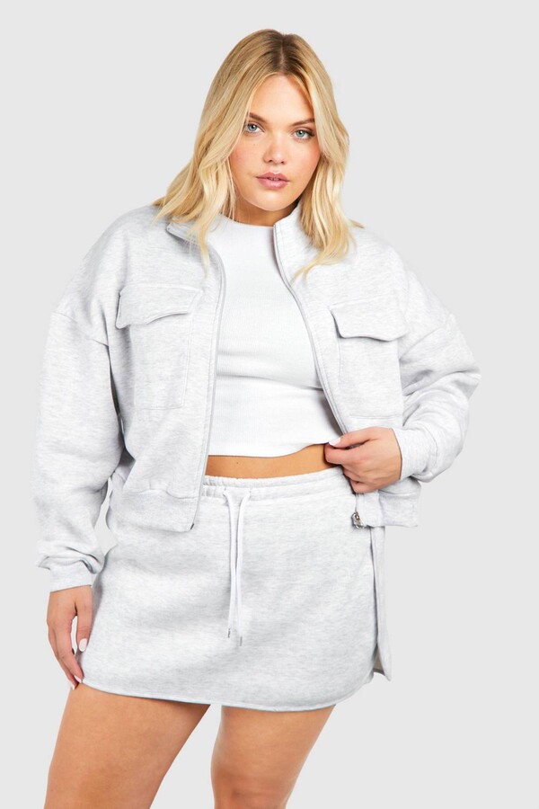 boohoo Plus Cargo Pocket Zip Through Skort Tracksuit Grey