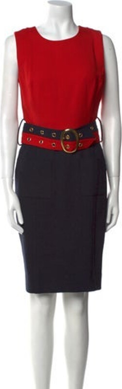 Milly Shift Dress Blue & Red Colorblock Pattern Sleeveless with Crew Neck Concealed Zip Closure at Back Designer