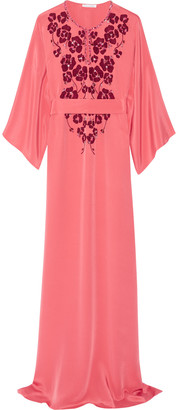 Oscar de la Renta Belted embellished silk crepe de chine gown