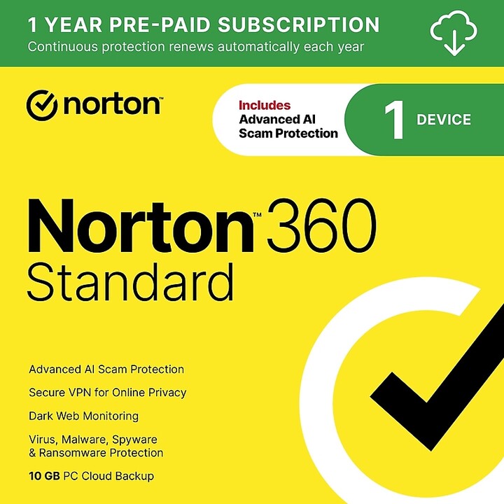 Norton Co. 360 Standard Antivirus Software for 1 Device, Windows/Mac/Android/iOS, Download (21390614)