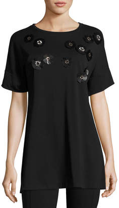 Joan Vass Short-Sleeve Tunic w/ Paillette Flowers, Black, Plus Size