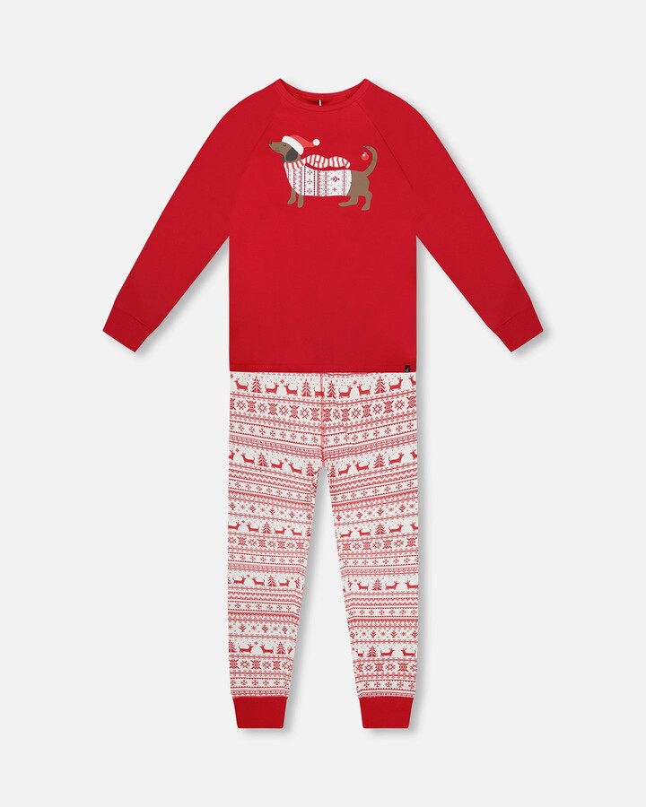 Deux Par Deux Adult Men Organic Cotton Two-Piece Pajama Set Red and White Fairisle